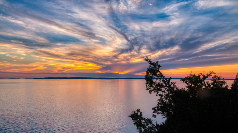 The sunset over a still Lake Huron from Mackinac Island