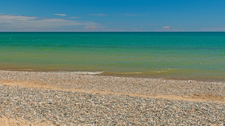 View of the shoreline and water on a Great Lakes Beach on Lake Huron at Harrisville State Park in Michigan