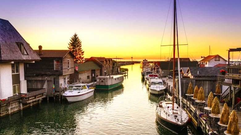 Sunset over Fishtown fishing village in Leland, Michigan