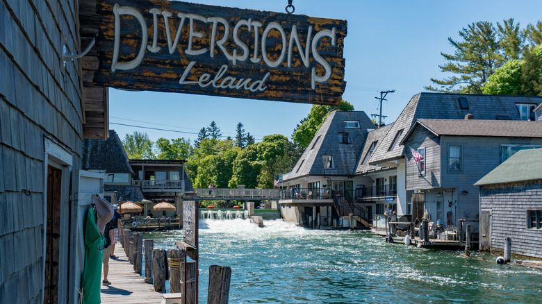 Boutique and hotel along river in Fishtown, Michigan