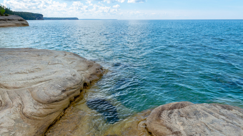 A view of Lake Superior amid a rocky lakeshore