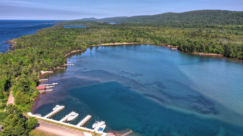Green foliage and trees surrounded by blue water on two sides