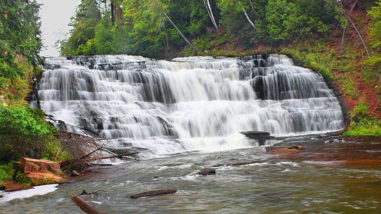 Close up view of Agate Falls during the day in Trout Creek, Michigan.