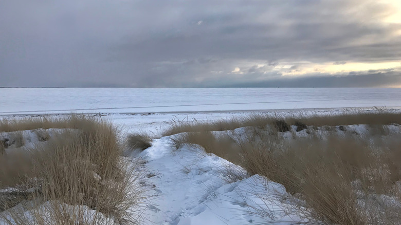 Snow and ice covering Little Bay de Noc in Michigan near Escanaba