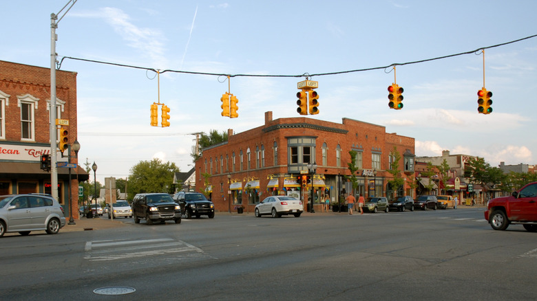 A view of downtown Oxford, Michigan, with historic brick buidlings