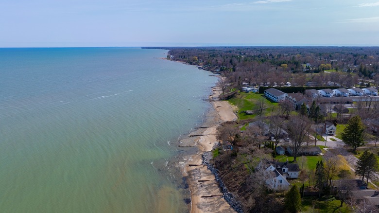 An aerial view of Lexington, Michigan, located on the coast of Lake Huron