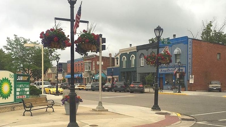 A view of shops and restaurants in downtown Lexington, Michigan