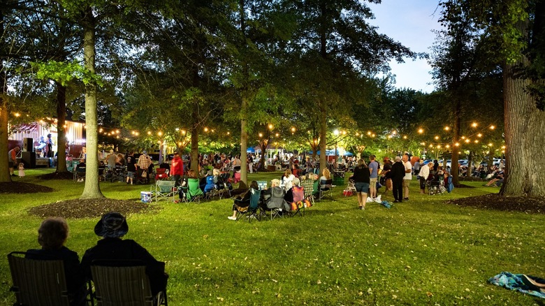 Crowd of people sitting on lawn chairs in field