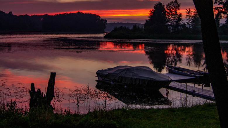 A red and orange sunset on Newaygo Lake
