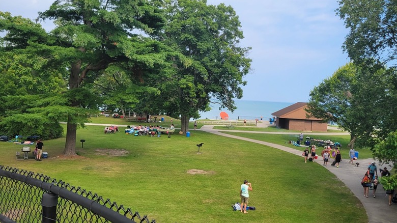 A photo from the pedestrian overpass of the grassy area above the beach at Lakeport State Park
