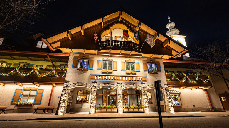Lit up exterior of Bavarian Inn Lodge