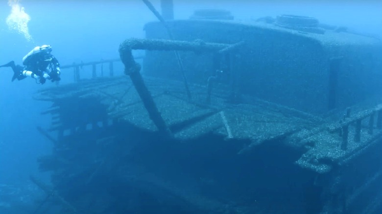 Scuba diver at a shipwreck in Thunder Bay National Marine Sanctuary
