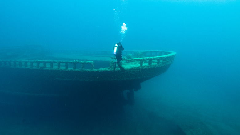 Scuba diver at the wreck of the Grecian in Thunder Bay National Marine Sanctuary