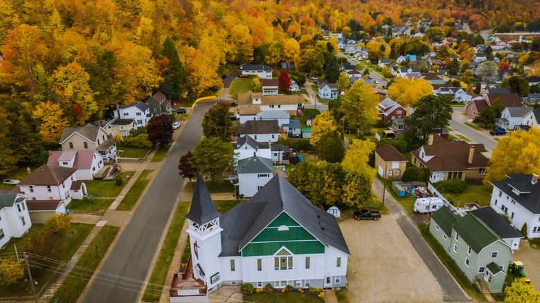 Aerial view of a Munising, Michigan, with fall foliage