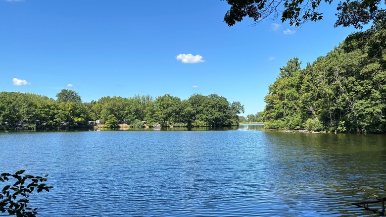 The calm water of lake of Lake Minnawanna lined with green trees on a sunny, blue-sky summer day