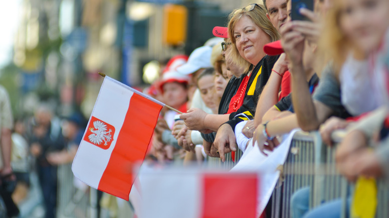 A group of spectators holding the Polish flag