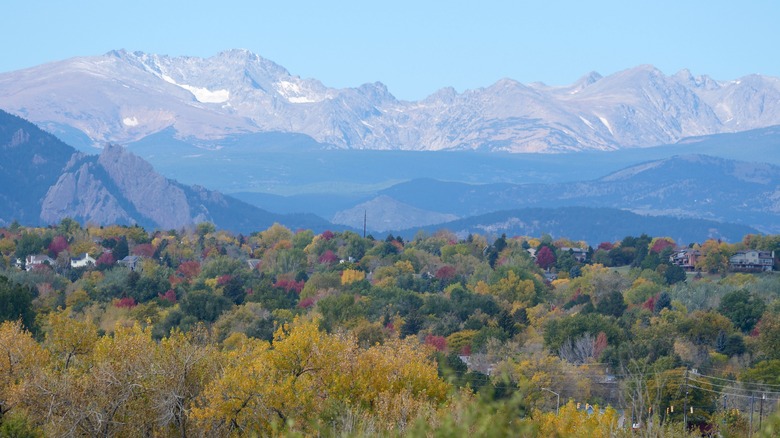 Indian Peaks Wilderness and the Rocky Mountains as seen from Coal Creek Trail, Louisville, Colorado