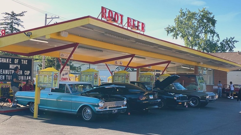 A view of classic cars parked at Miller's Dogs 'N' Suds drive-in.