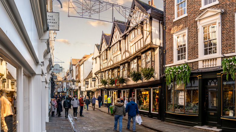Cobbled street and wooden frame houses with Christmas decorations