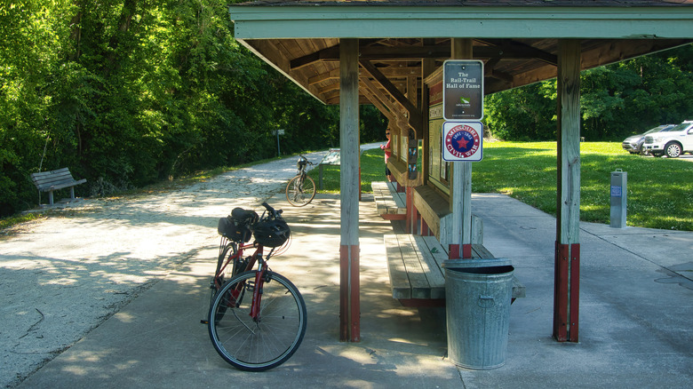 A bike parked at a shelter in Boonville, Missouri along the Katy Trail