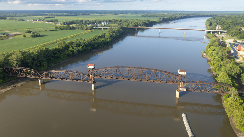 Aerial view of the historic Katy Bridge over the Missouri River in Boonville