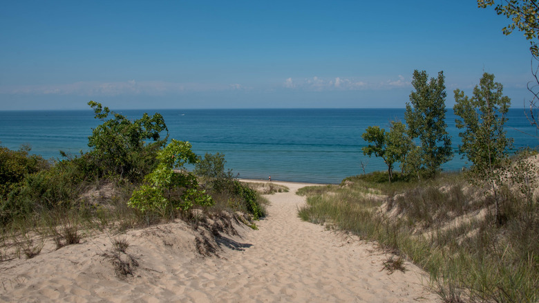 A sandy path at Indiana Dunes National Park, leading to the blue waters of Lake Michigan