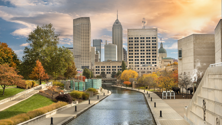 Indianapolis' skyline at sunset overlooking the Central Canal