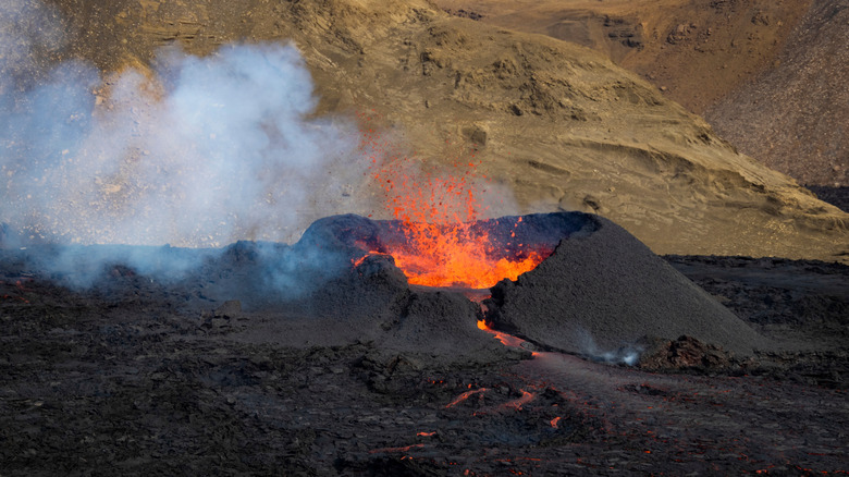 Close-up of the eruption of Fagradalsfjall Volcano, near Grindavík in southwestern Iceland
