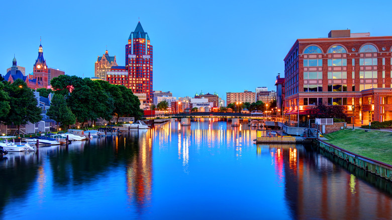Buildings along Milwaukee riverfront during the evening