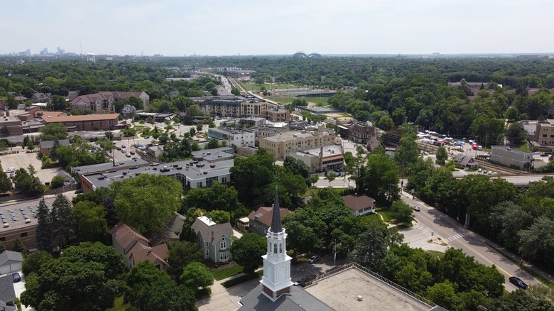 Aerial view of Wauwatosa, WI with the Milwaukee skyline in the background