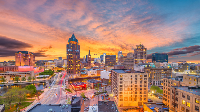 Downtown Milwaukee lights up sunset