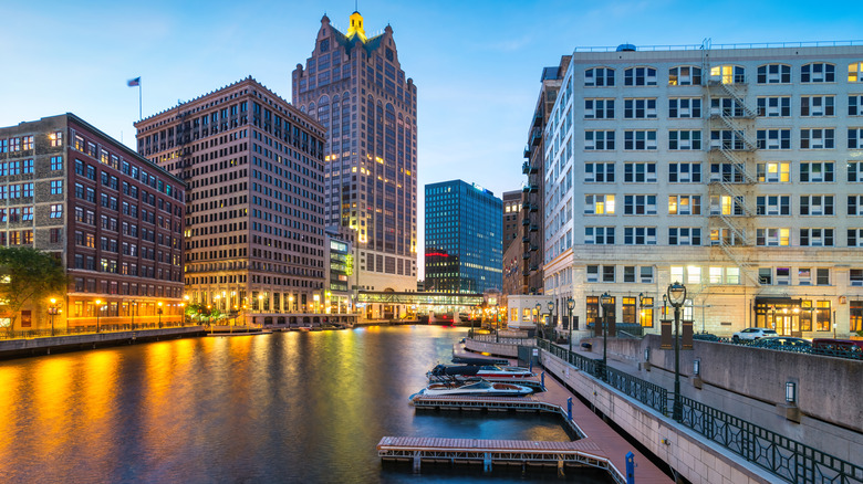 Milwaukee Riverwalk and River at night