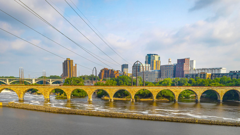 Aerial view of the Stone Arch Bridge in Minneapolis