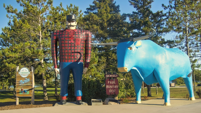 The large sculptures of Paul Bunyan and Babe the Blue Ox on the lakeshore near downtown Bemidji, Minnesota