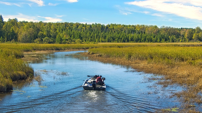 A fishing boat moves through a lake with trees in the background in Walker, Minnesota
