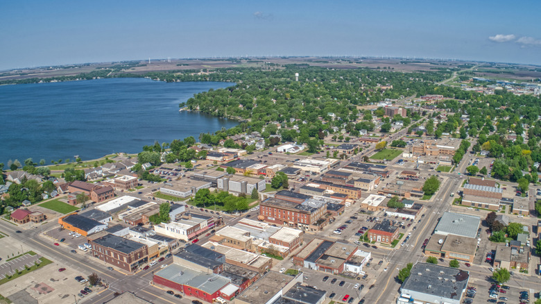 An aerial view of Worthington, Minnesota and Lake Okabena