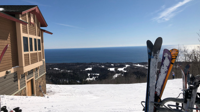 Ski chalet and winter views of Lake Superior near Lutsen, MN