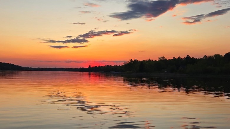 Sunset over lake with trees on shoreline