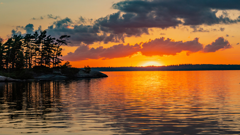 Trees on an island silhouetted at sunset on Rainy Lake in Minnesota