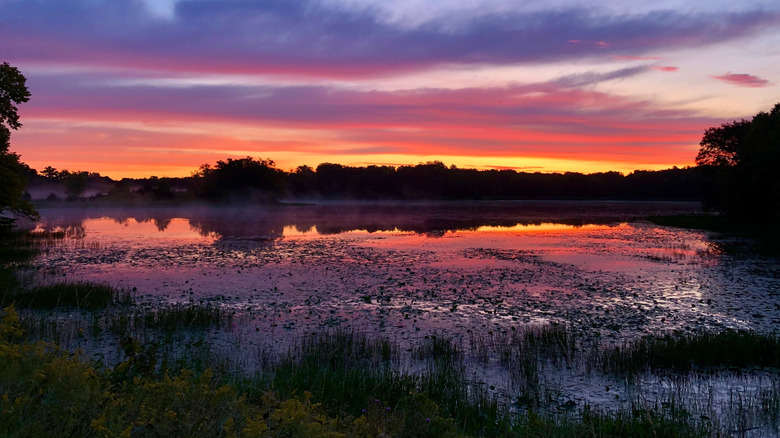 Vibrant red and blue sunset colors reflecting in the lake in Chisago, Minnesota