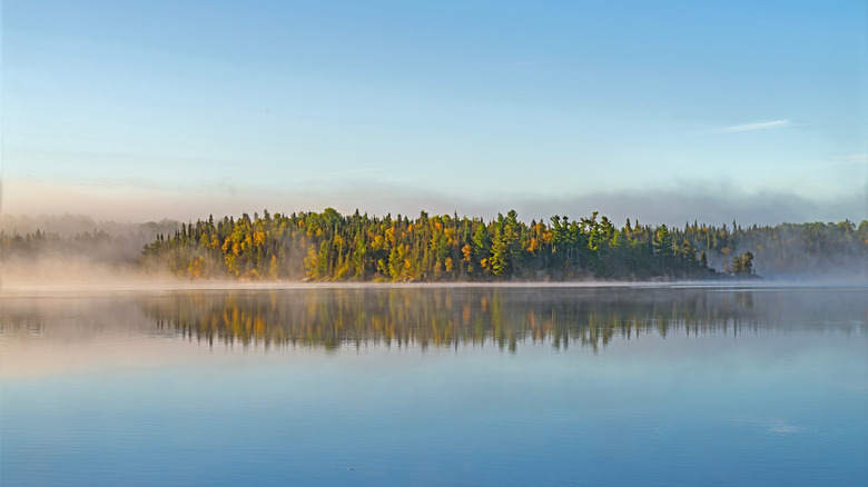 Mist on a calm Saganaga Lake with reflection of trees