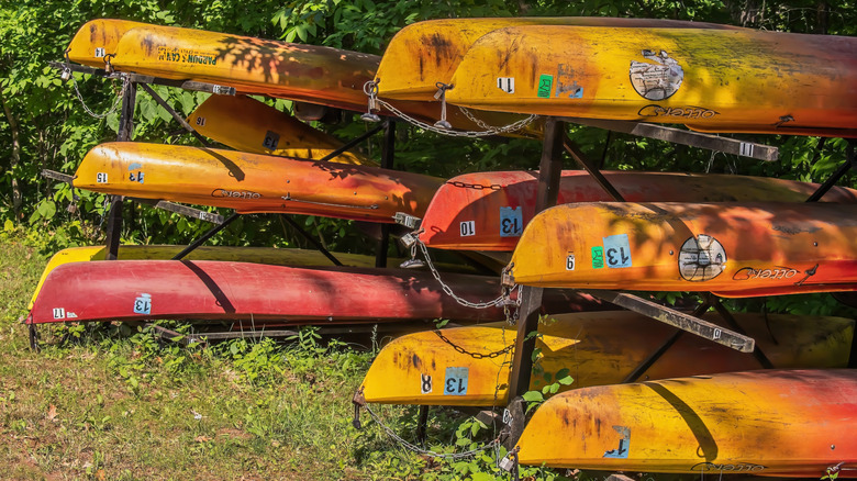 Canoes stacked inside St. Croix State Park