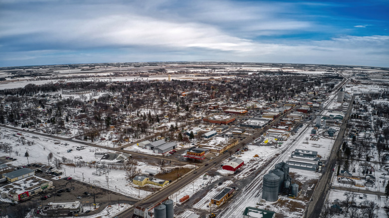 A picturesque winter view of Morris, Minnesota, covered in snow