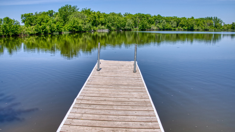 Close up of dock at Split Rock Creek State Park in Minnesota with trees in background.