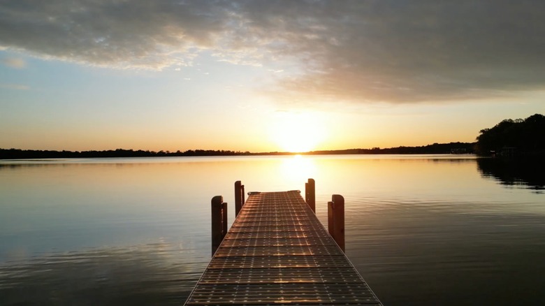Dock on Lake Le Homme Dieu at sunset