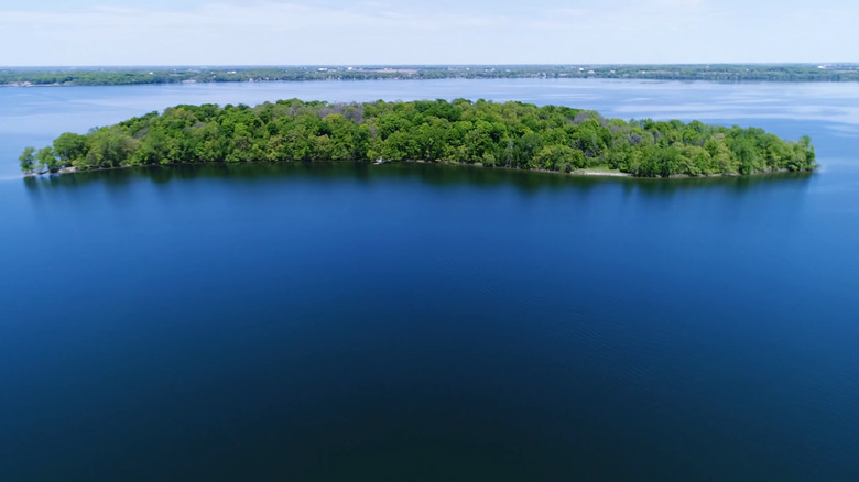 a large blue lake with a big wooded island in the middle