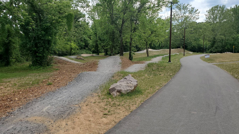 Paved trails and gravel trails for biking surrounded by trees in Baker Creek Preserve