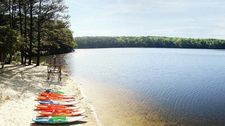 Kayaks on the shores of Lake Johnson in Raleigh, North Carolina