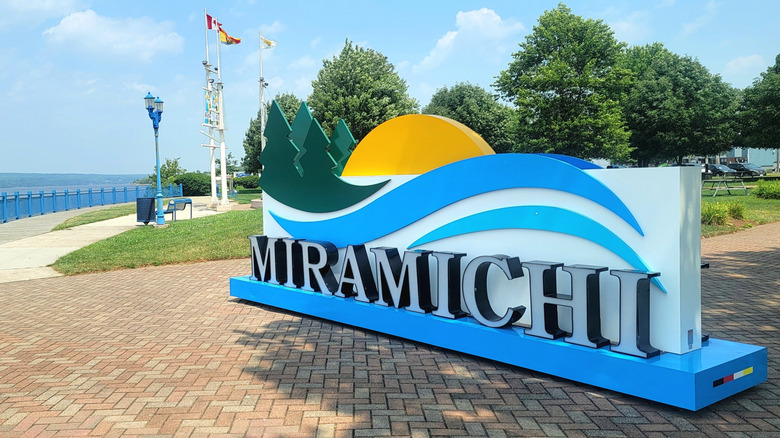 Miramichi sign in a park next to a river