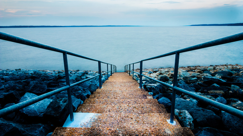 Stairs to Sardis Lake on an overcast evening, Mississippi